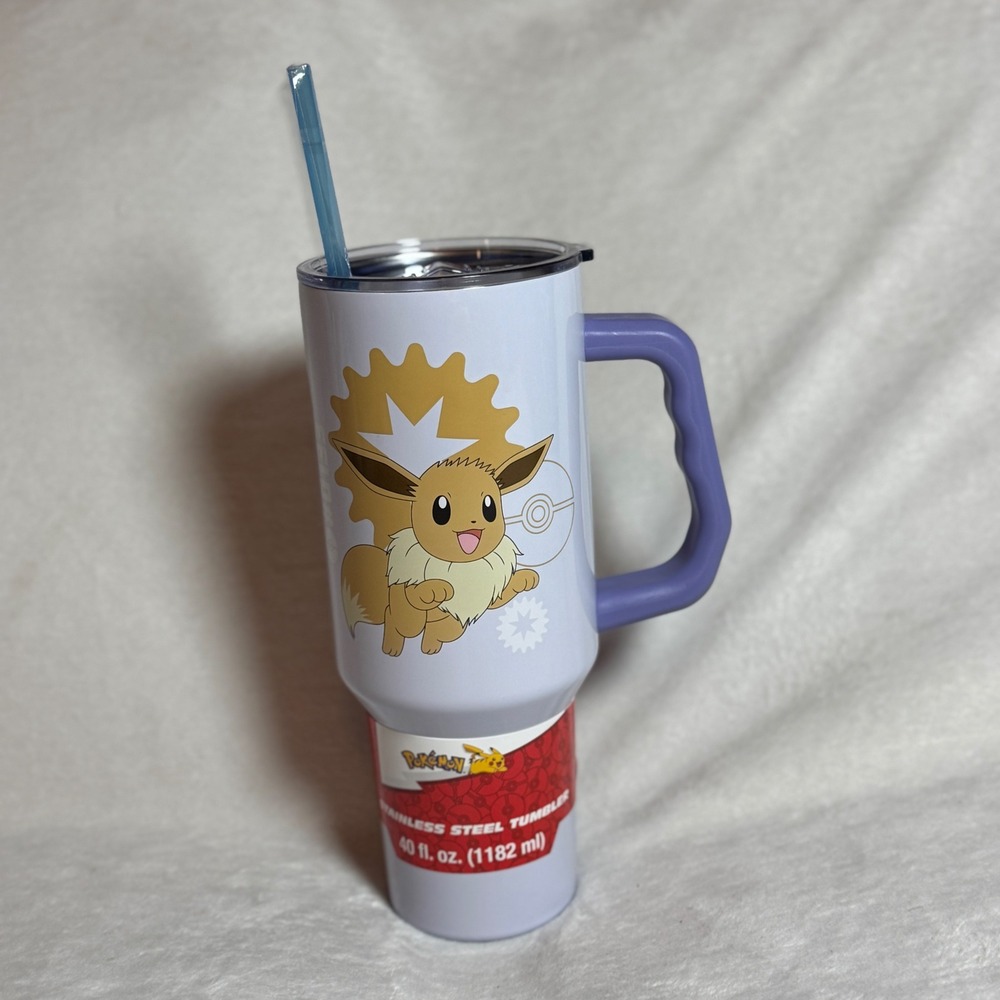 Pokemon Purple Eevee Stainless Steel Tumbler with Straw‎ 40oz Silver Buffalo NEW